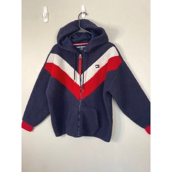Tommy Hilfiger Hooded Sherpa Colorblock Chevron Full Zip Jacket L Blue Red Retro - Picture 3 of 12